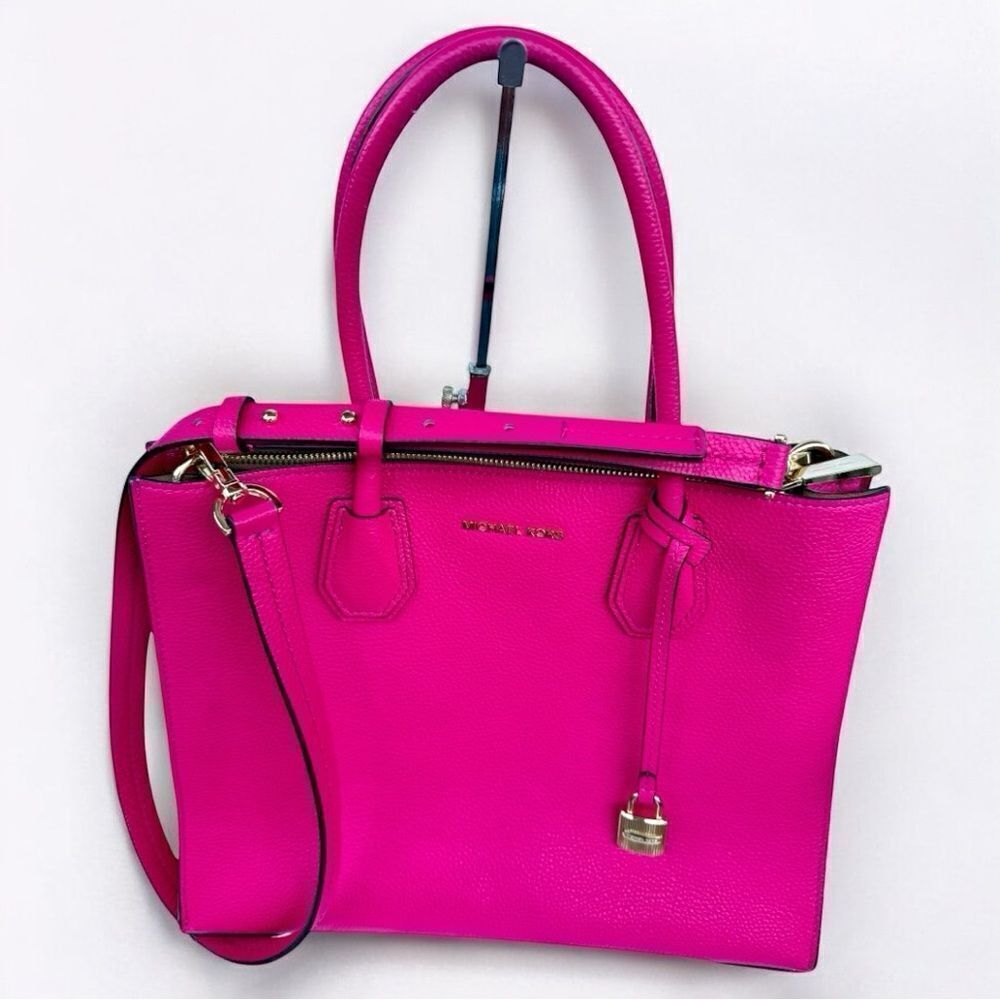 Michael Kors Fuchsia Pink Satchel – Pebbled Leather + Gold Lock & Strap